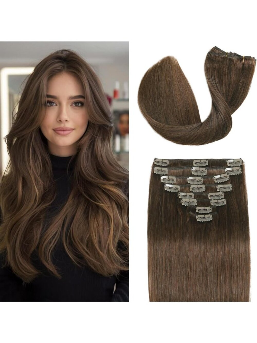 Chocolate Brown Clip-In Hair Extensions 16" Remy Silky Seamless Real Hair, 8PCS
